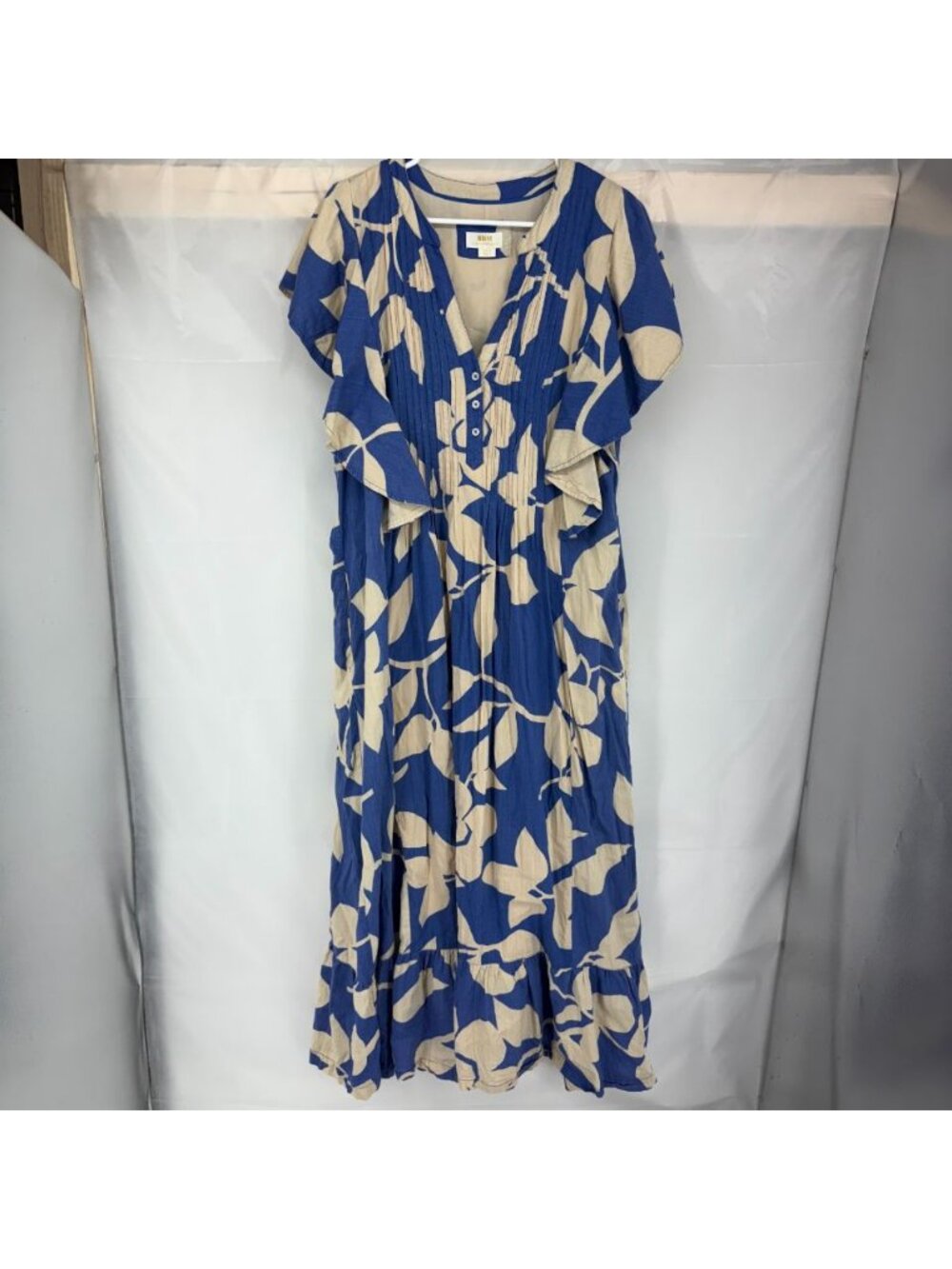 Maeve Anthropologie Women L Cassandra Maxi Dress Blue Tan Floral Flowy Bohemian - Picture 2 of 10